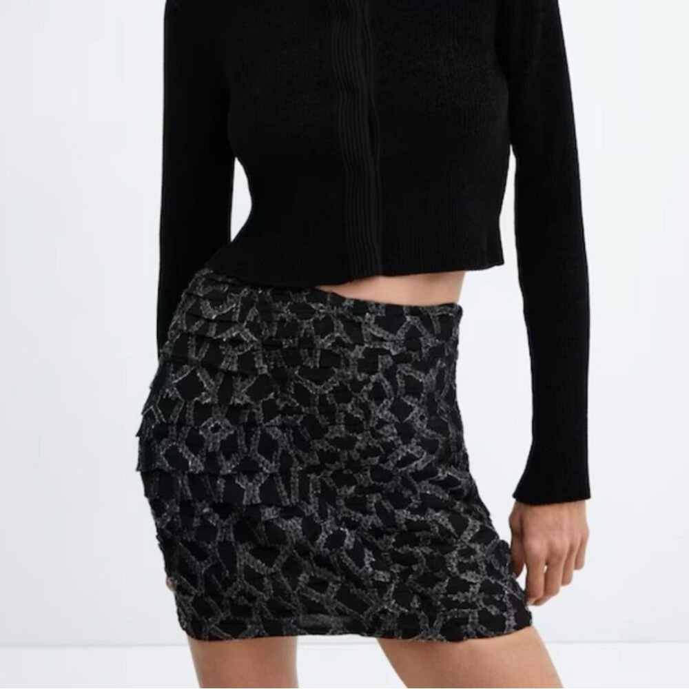 MNG Mango Ruched Lurex Black Mini Skirt Size Small NWT Party Cocktail